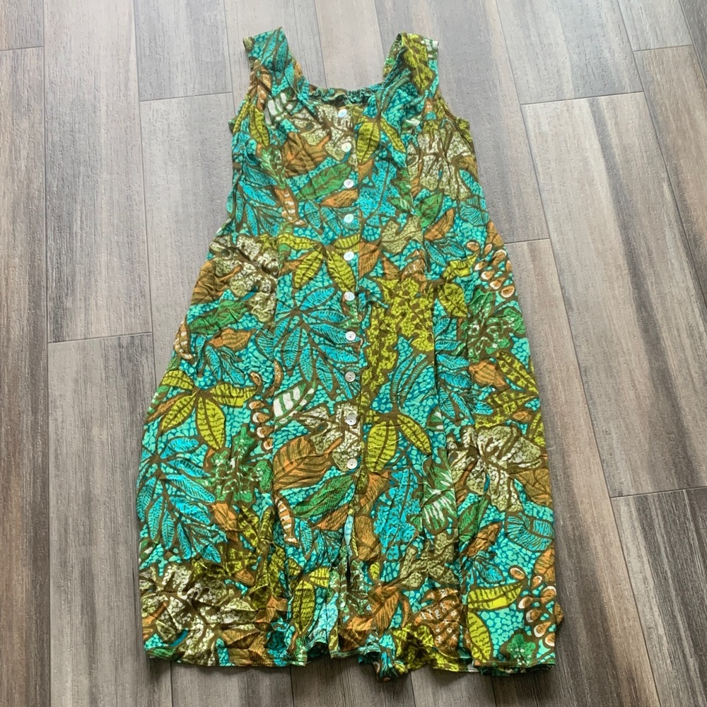 Tropical Leaf Print Sleeveless Summer Dress - Green - Picture 1 of 4